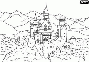 Coloriage Château de Neuschwanstein, le château néogothique de Louis II de Bavière, Allemagne