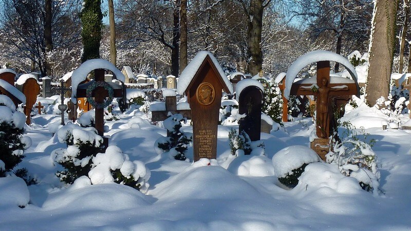 Tombes en bois sous la neige Westfriedhof cimetiere de l'ouest à Munich