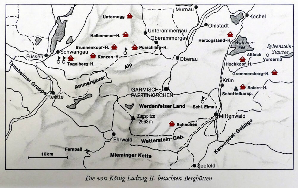 carte refuges de montagne de Louis II de Bavière