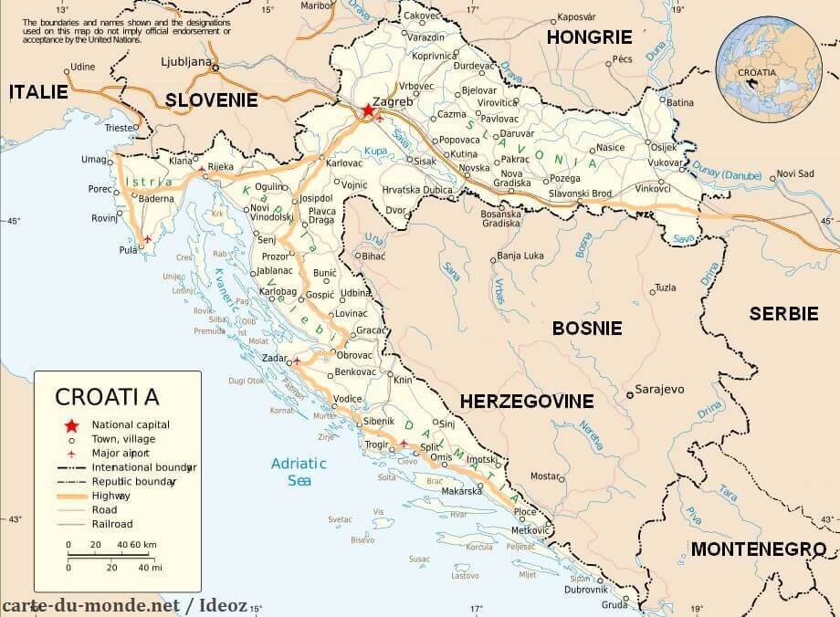 carte des principales villes de croatie