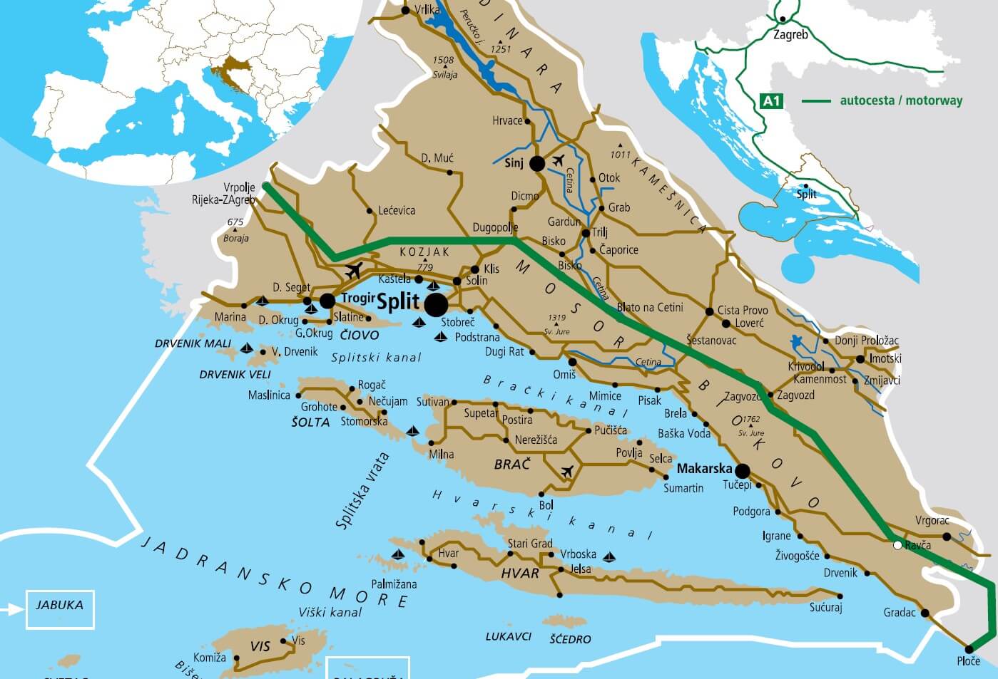 carte de dalmatie centrale région de Split