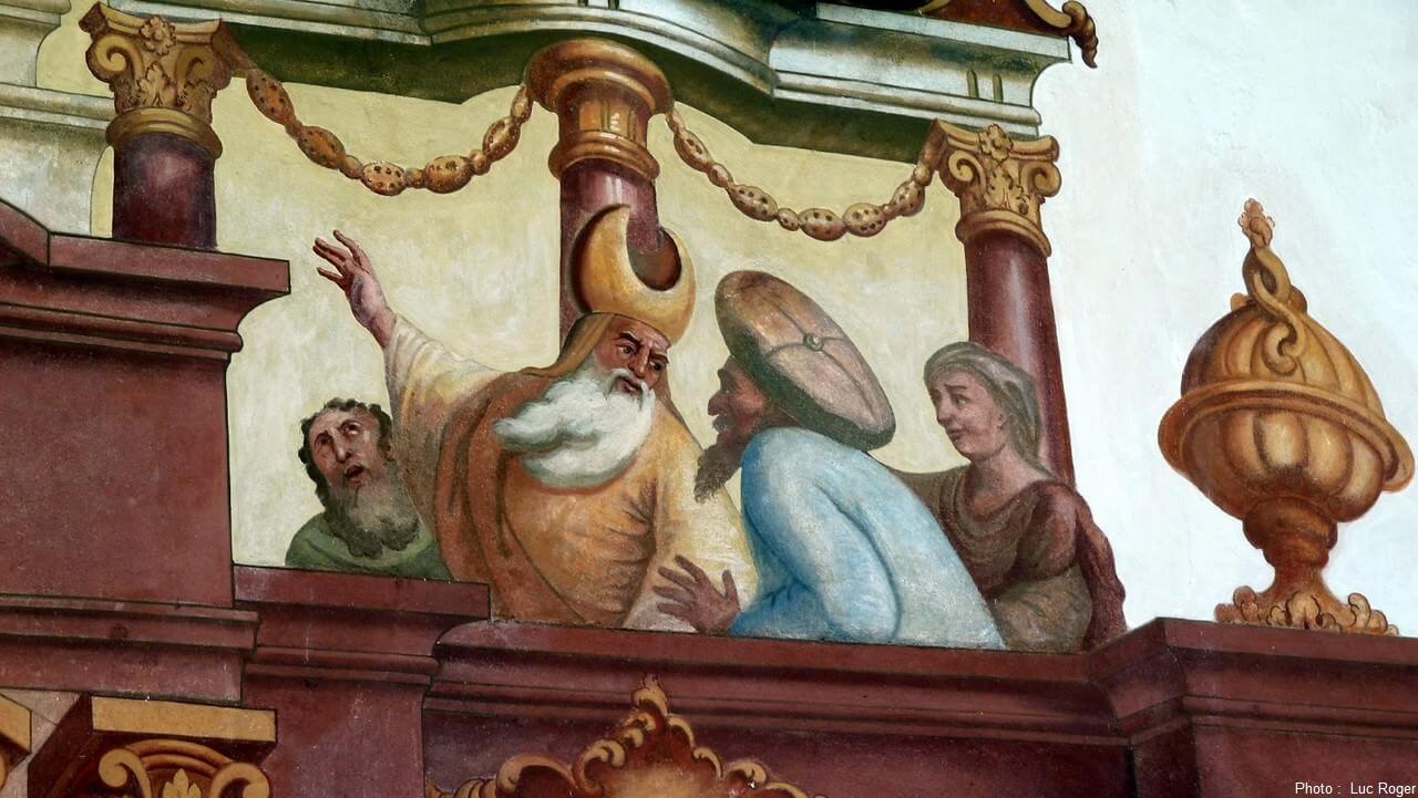 Lüftlmalerei pretres demandant la condamnation du christ à Oberammergau