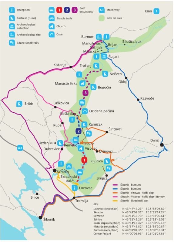carte parc national de KRKA Forteresses et attractions de la rivière Krka