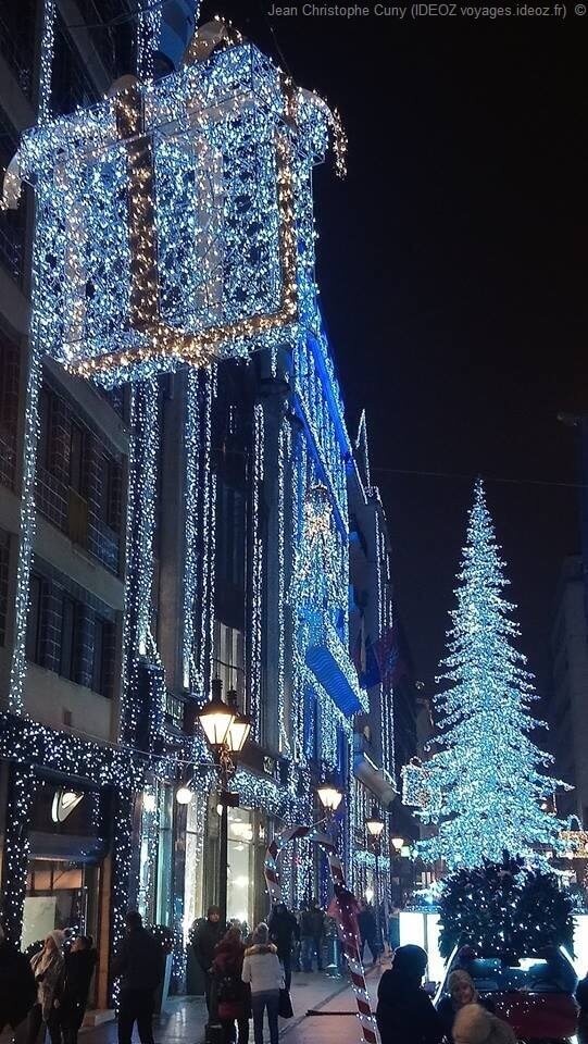 Sapin bleu et illuminations de Noël dans une rue de Budapest