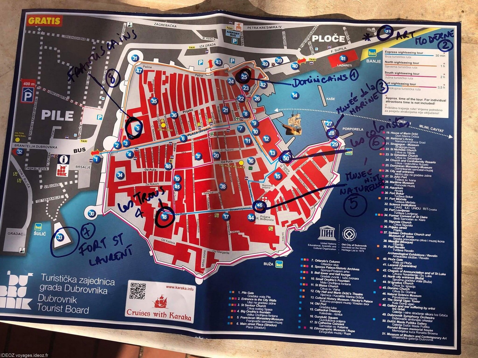 plan de dubrovnik avec les visites conseillées pour éviter les foules de touristes dans la vieille ville de Dubrovnik