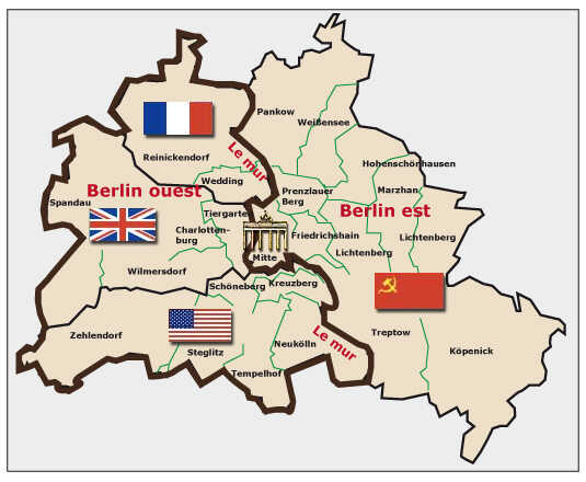 carte des 4 zones d'occupation de Berlin après l'édification du mur de berlin