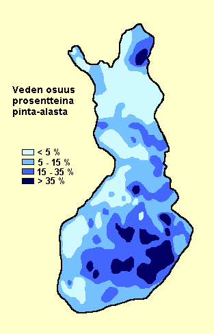 Carte des zones couvertes d'eau et de lacs en Finlande