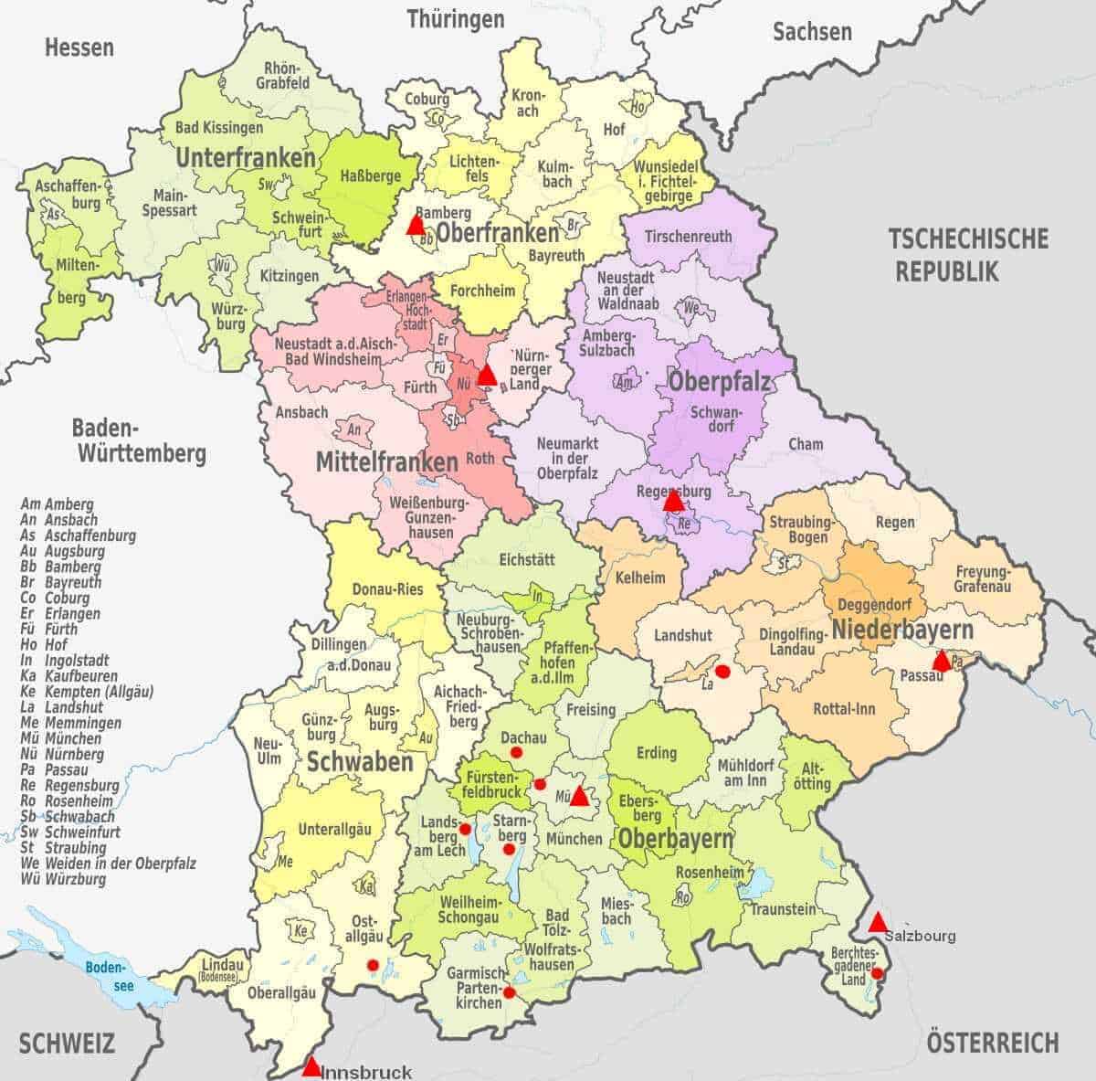 carte baviere régions et districts