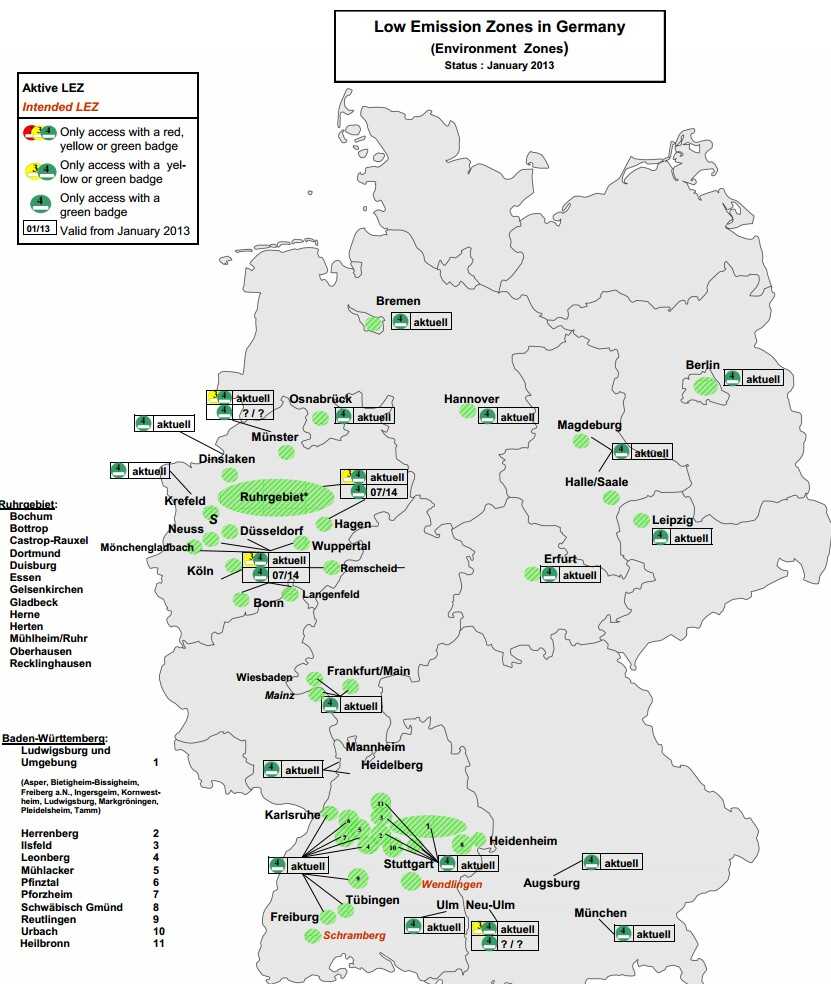 carte des villes allemandes soumises à la vignette écologique et autorisées aux véhicules à faible émission