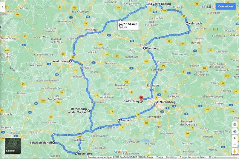 carte itinéraire en franconie depuis nuremberg bamberg veste coburg wurzburg