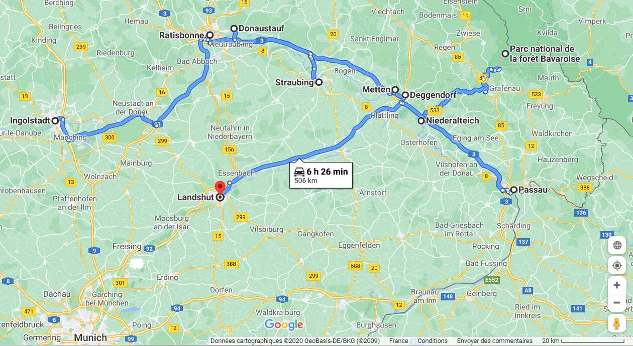 itinéraire le long du danube entre regensburg et passau en passant par ingolstadt et landshut