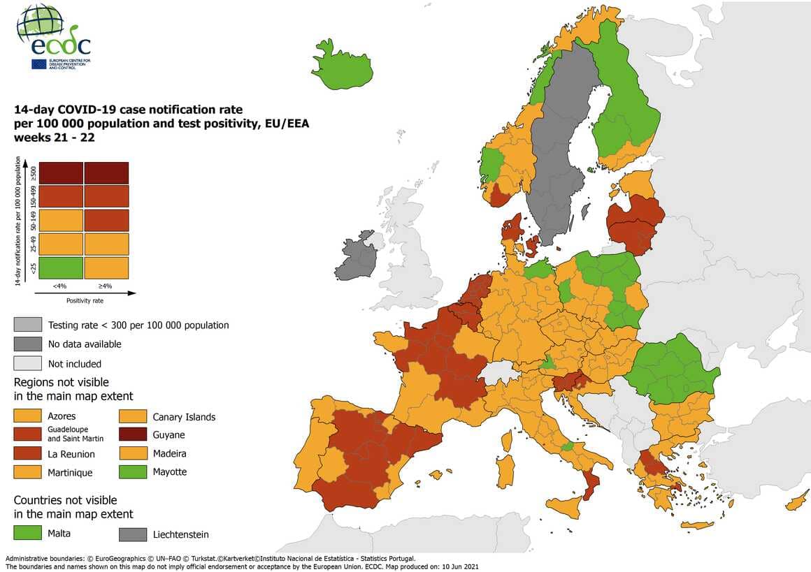 carte d'europe des pays classés par taux de nouvelles contaminations au covid