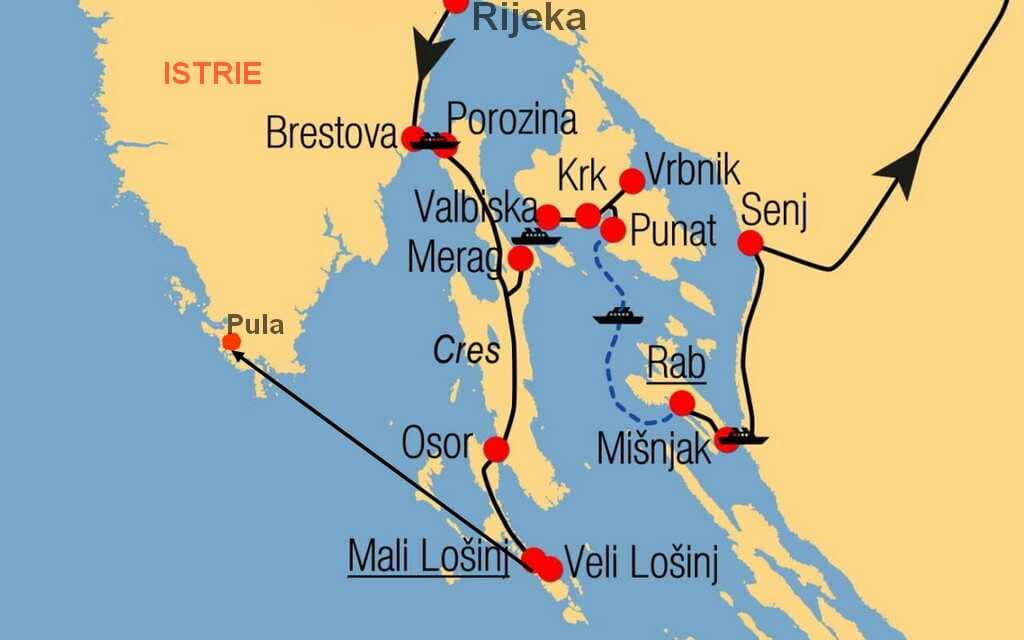 carte des liaisons de car ferries et de catamaran entre les iles du kvarner