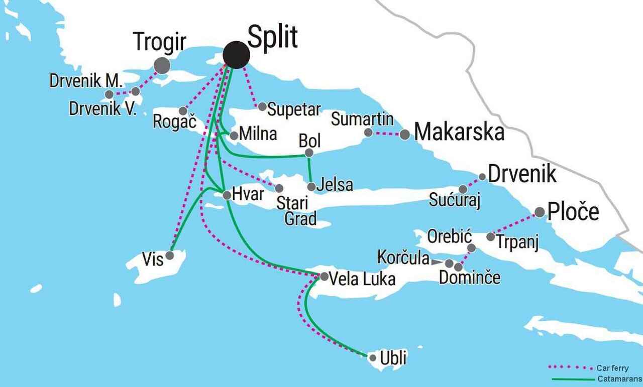 carte liaisons ferrys catamarans jadrolinija depuis split