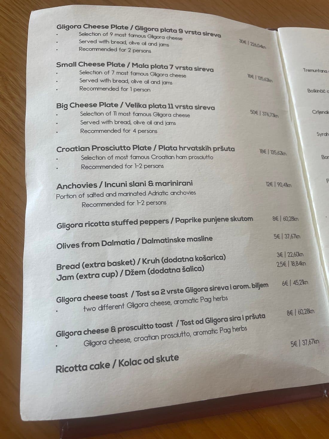 carte des prix dégustation fromages sirana gligora pag