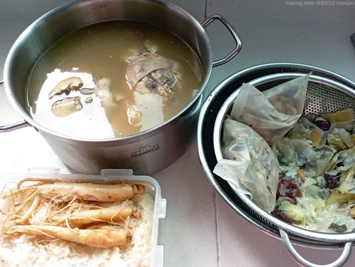 préparation du samgyetang poule au pot coréenne