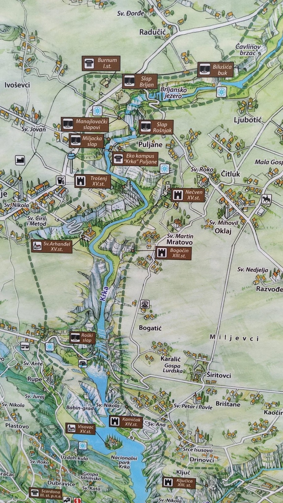 Carte de Krka avec Visovac, Roški slap, Manojlovac, Burnum, Puljane et Bilušića buk