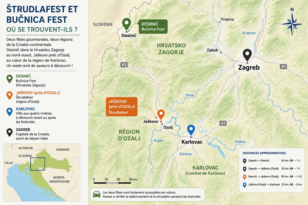 Carte pour localiser le Štrudlafest à Jaškovo et le Bučnica Fest à Desinić en Croatie