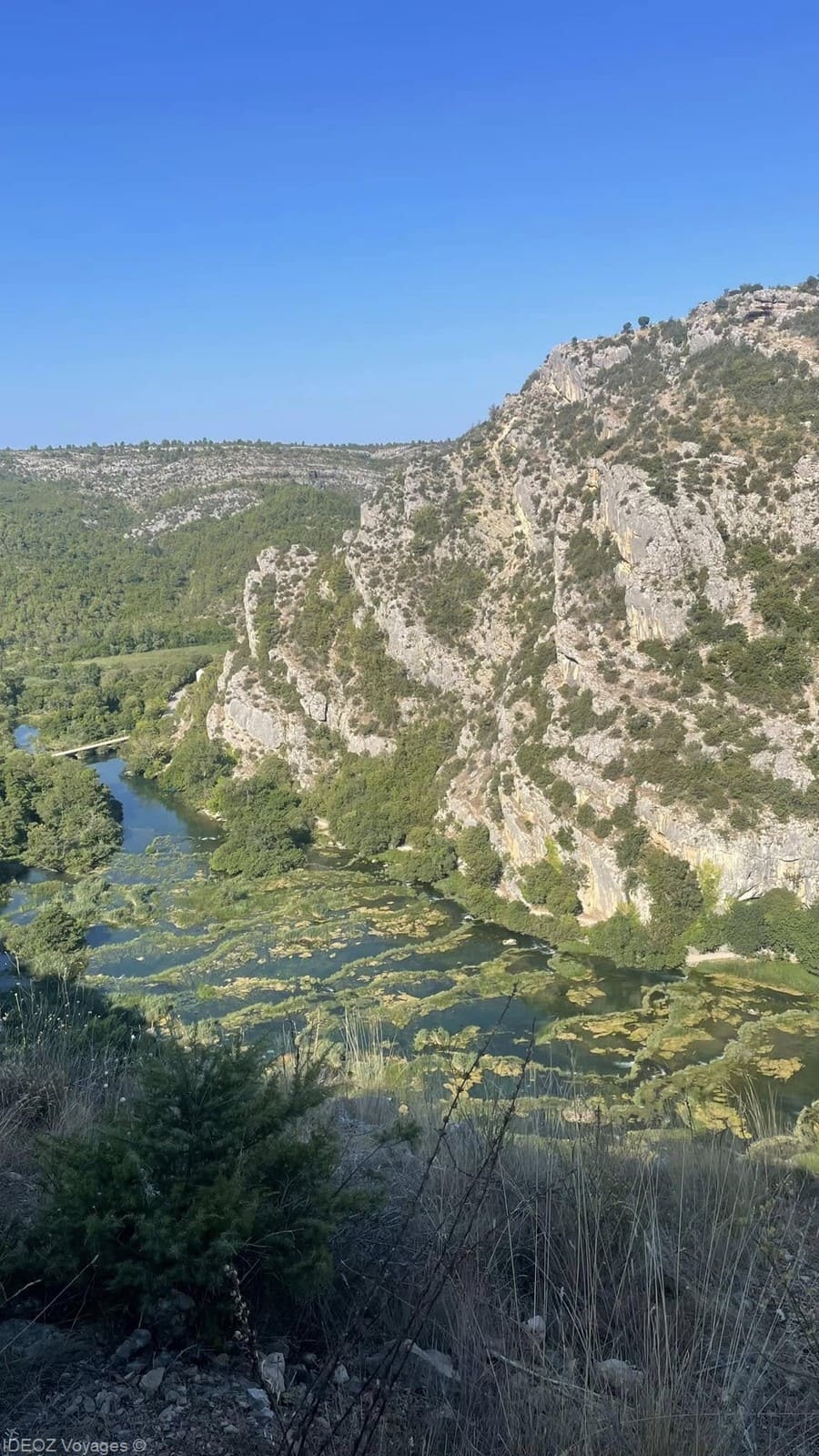 Vue en hauteur sur la rivière Krka, ses îlots végétalisés et les falaises du canyon