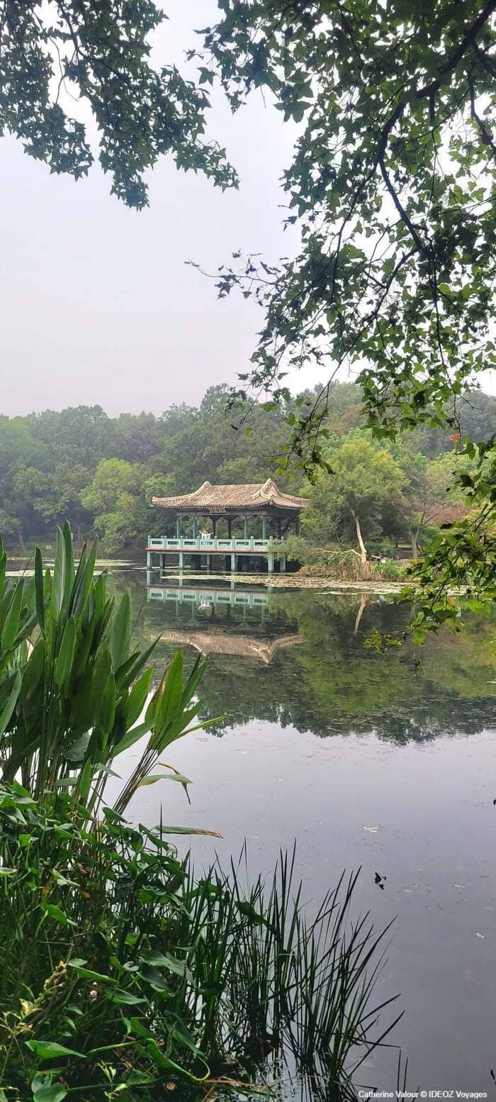 Pavillon traditionnel au bord d'un étang dans les jardins du mausolée Xiaoling à Nankin