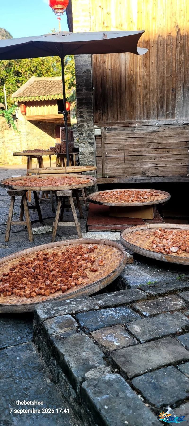 Fruits mis à sécher dans des paniers de bambou dans une rue de Huangyao