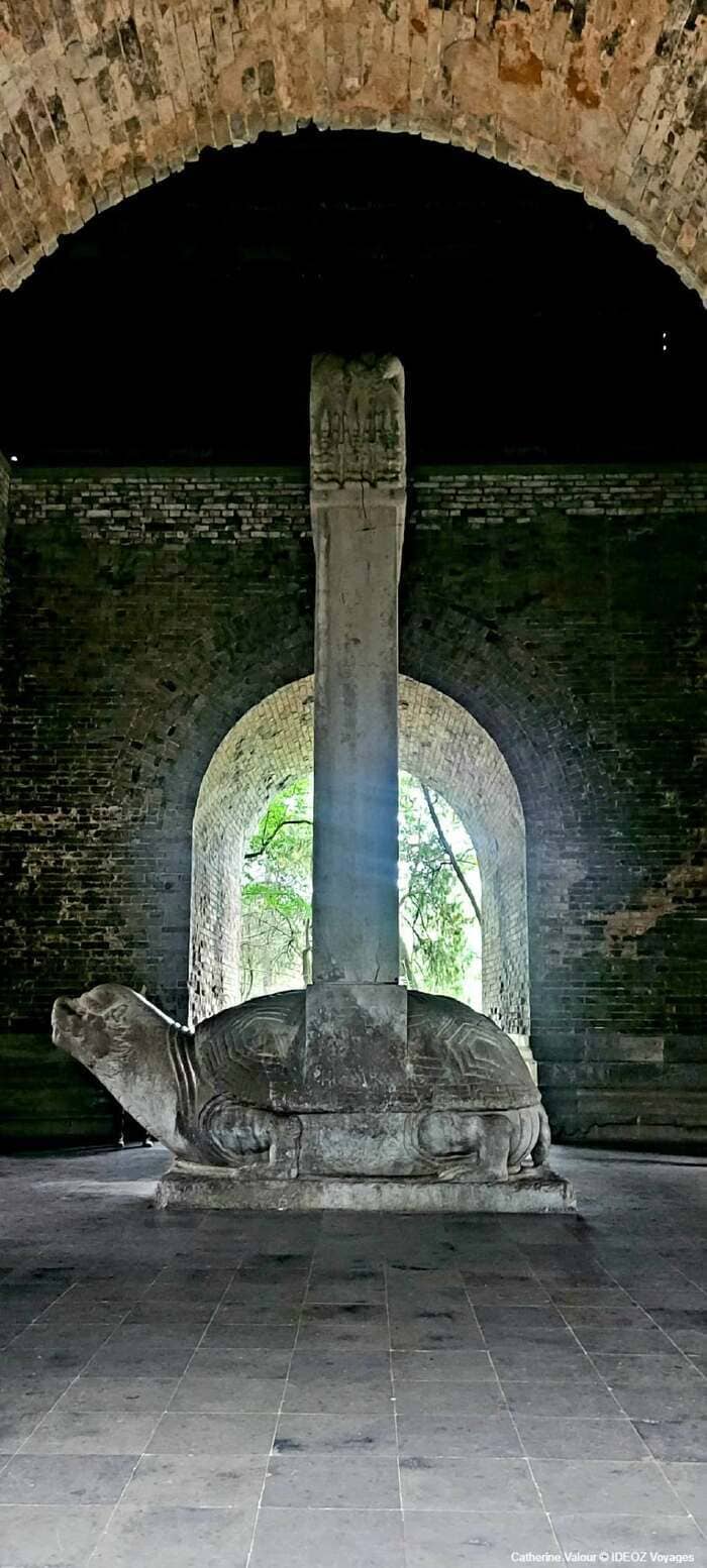 Tortue de pierre Bixi portant une grande stèle dans le complexe du mausolée Xiaoling à Nankin