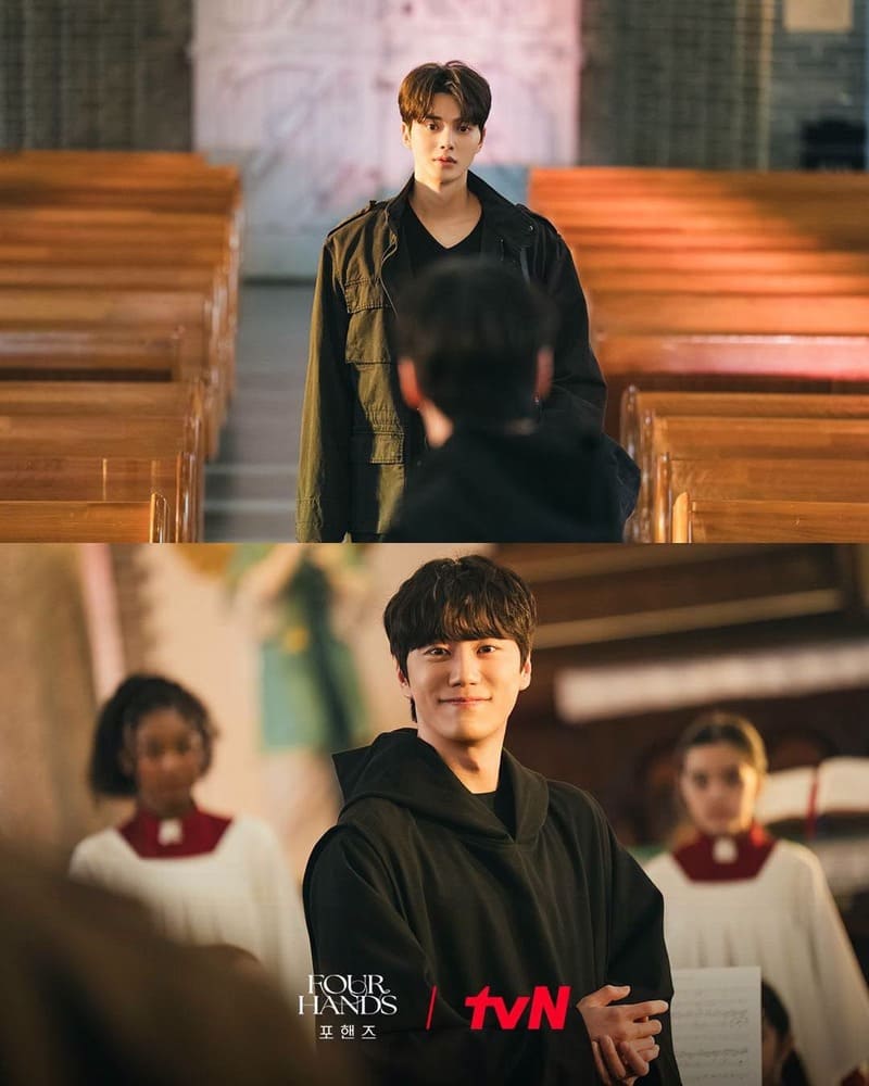 kang pio et choi jeongyo se retrouvent dans l'église et se sourient 4 mains 2 sonates
