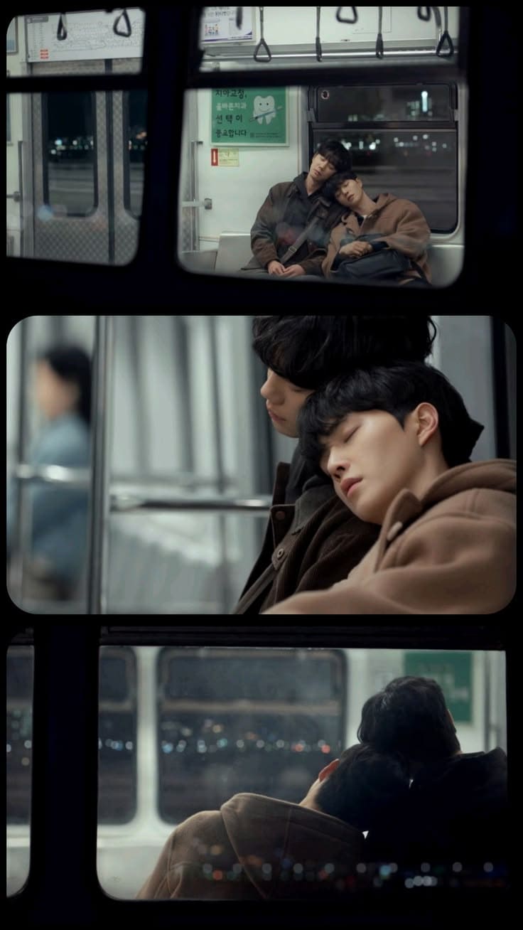 kang pio pose la tete sur l'épaule de choi dans le metro 4 mains 2 sonates